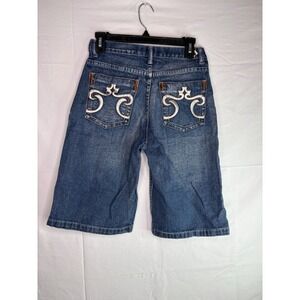 Y2K jean station  Blue Denim Long Shorts Embroidered Back Pockets Baggy Y2K 28